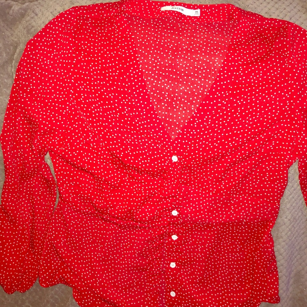 Casual button down red and white polka dot shirt